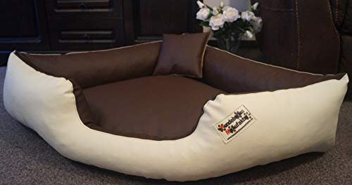 Hundebettenmanufaktur Hundebett Eckbett Hundesofa Schlafplatz Kunstleder Canto (100 cm X 100 cm, Creme Braun)