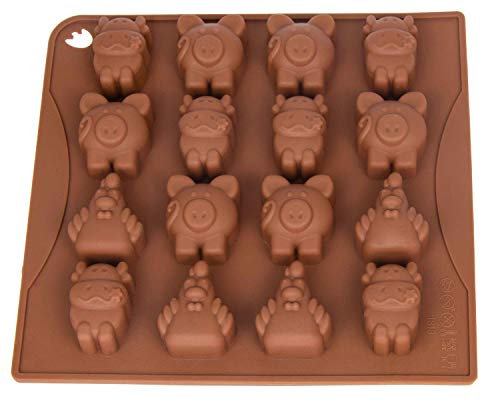 Pralinenform Silikon Tiere I Silikonform I Eiswürfelform I Schokoladenform I Förmchen I Backform I Chocolate Mold I 18 x 16,5 x 2cm I Bauernhof Schweinchen, Hühner, Kuh I Farbe: Braun