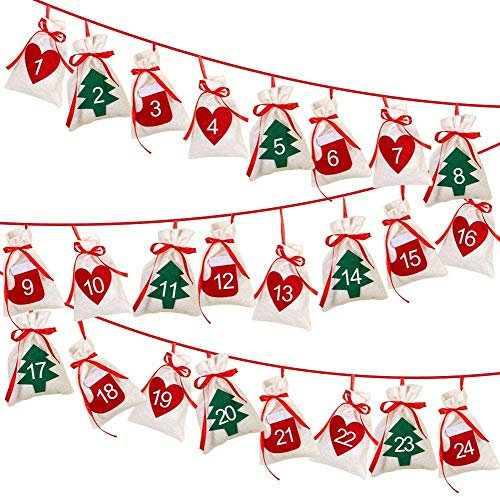 Zeako 24 Adventskalender zum Befüllen, Stoffbeutel DIY Adventskalender Weihnachten 2020 mit 1-24 Stücke Aufkleber Geschenksäckchen Weihnachtskalender Bastelset für Männer Kinder (A)