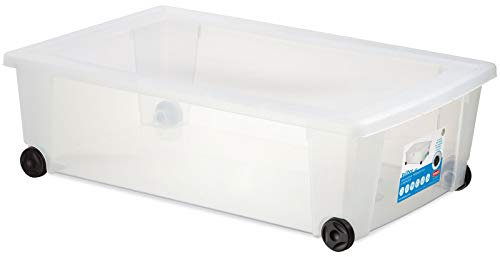 1 x UNTERBETTKOMMODE - Aufbewahrungsbox mit Deckel und Rollen 30 Liter 59x39x18 cm - transparent stapelbar LEBENSMITTELECHT - Rollbox Kunststoff Box Kiste - Plastik Organizer Büro Haushalt Kinderbox