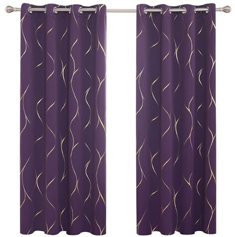 Deconovo Eyelet Blackout Curtains, Gold Wave Foil Printed Curtains for Living Room, 66 x 72 Inch (Width x Length), Purple Crape, One Pair