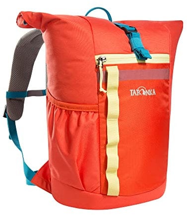 Tatonka Kinderrucksack Rolltop Pack JR 14L-Rucksack für Mädchen und Jungen im Grundschulalter -Inklusive Sitzkissen und Reflektoren für gute Sichtbarkeit - Aus recycelten Materialien (red orange)