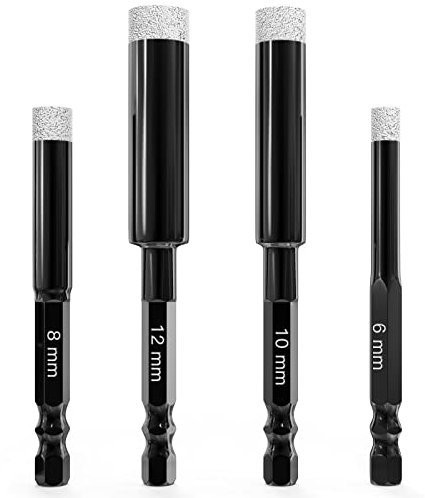 kajkey® Forets diamantés à sec, Forets diamantés brasés, avec tige hexagonale, 4 Pièces, pour le perçage à sec sur la porcelaine dure, céramique, carrelage, granit, marbre, Noir 6/8 / 10 / 12mm