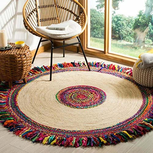 VIPANTH EXPORTS Tapis Rond tressé à la Main en Jute et Coton, tissé à la Main à partir de Tissus Multicolores vibrants - Tapis bohème coloré pour (120 x 120 cm (4 Pieds Rond) - VR73-JC)