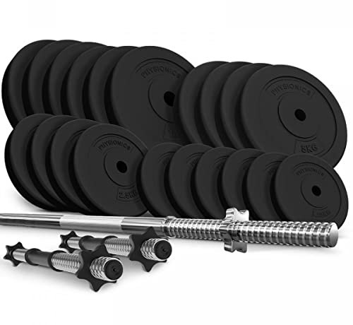 Physionics® Hantelset - 38/58/78/108 kg Set, Langhantel (165cm, Ø30 mm, Sternverschlüsse, bis 500kg), 2 Kurzhanteln (1,5 kg, verstellbar), Gewichte - (Langhantel + Kurzhanteln 108KG)