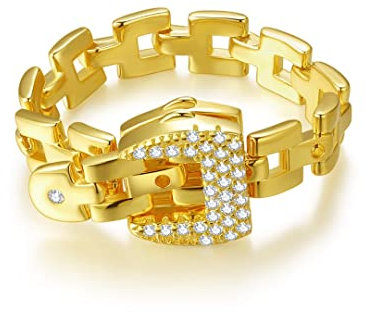 925 Sterling Silber »Buckle Ring« mit Funkelnden Steinen als Gürtelschnalle Verstellbar in Einheitsgröße Kettenring im Vintage Band (Gold)