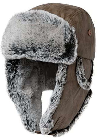 Comahts Winter Trapper-Hut Kunstleder Aviator Pilotenmütze Damen Herren Braun Warm Gefütterte Kunstpelz-Hut mit Winddichten Ohrenklappen XL