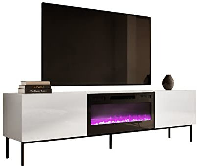 Mirjan24 Mobile TV con camino elettrico Slide 200 Mobile TV Lowboard apertura senza maniglia, camino elettrico, riscaldamento realistico a LED (bianco/bianco High Glan Piedi: Nero)