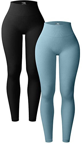 OQQ 2-teilige Yoga-Leggings für Damen, gerippt, nahtlos, Workout, hohe Taille, athletische Hose, schwarz blau, S