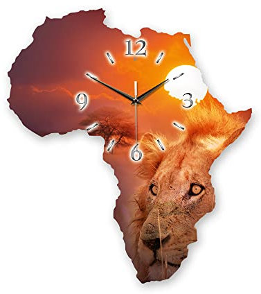Kreative Feder Designer-Wanduhr „Afrika“ in Landkarten-Form mit Motiv - Größe ca. 50x45 cm geräuschlos analog (leises Funkuhrwerk, Löwe)