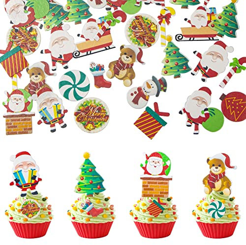 Gyufise 300Pcs Edible Christmas Cake Cupcake Decoration Edible Xmas Santa Claus Snowman Socks Cake Decorations Wafer Paper Holiday Cake Topper for Christmas Party Supplies
