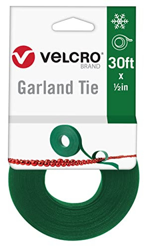 VELCRO Brand Holiday Garland Ties or Cable Straps | Hang Garlands, Lights or Wreath | for Banister, Railings, Stairs or Lamp Posts | 30ft Roll Cut to Custom Length | Green