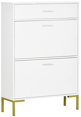 HOMCOM Shoe Storage Cupboard with 2 Flip Doors and Sliding out Drawer, White