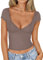 Trendy Queen Womens Deep V-Neck Backless Tops Short Sleeve Slim Fit T-Shirts Basic Y2K Tops Bustier Corset Cami 2024, Coffee Grey, S