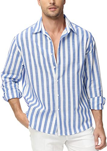 Alivebody Camicia Uomo a Righe Maniche Lunghe Lino Regular Fit Estiva Casual