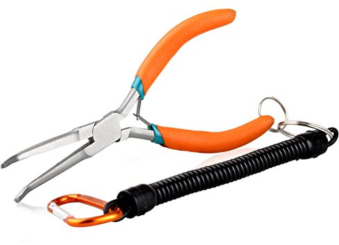 SPEEDWOX Long Needle Nose Pliers with Serrated Jaw, Bend Nose Precision Wire Looping Pliers with Anti-Loss Lanyard for Narrow Spaces, Needle Remover Fishing Tools (Curved Tips, Curved Handle)