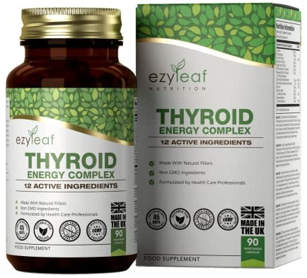 Ezyleaf Complejo Tiroideo | L Tyrosine Soporte de Tiroides con Ashwagandha, Yodo, Zinc, Algas Marinas, Musgo Marino, Yoduro de Potasio, Extracto de Guggul y Selenio | 90 Cápsulas de L-Tirosina