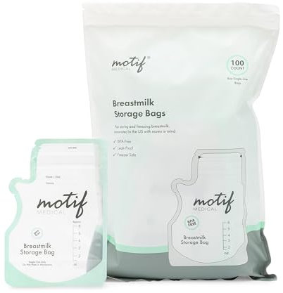 Motif Medical Breastmilk Storage Bags - Breastmilk Freezer Bags w/Easy Pour Spout, Write-On Label - Leak-Proof Double Zipper Milk Bags for Breastmilk - Breastfeeding Mom Gifts (6 oz, 100 Count)