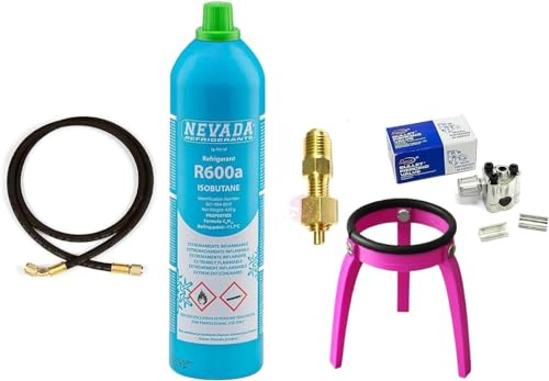 Kit de reparación de recarga para frigorífico y congelador con bombona de R600a de 420 g + válvula premispillo bombona salida 1/4 M + tubo con premispillo + válvula perforadora para tubo de cobre