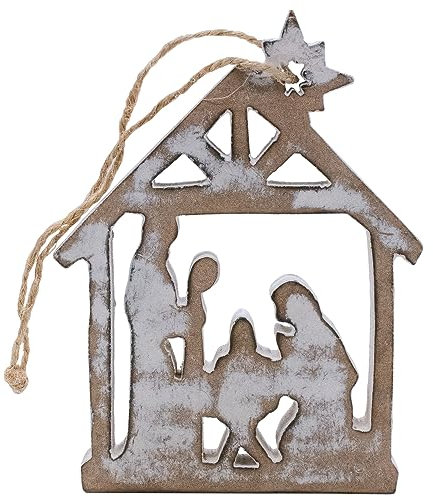 Weihnachtskrippe aus Holz | Heilige Familie im Stall | einfaches ausgeschnittenes Design | minimalistische religiöse Dekoration für Baum | Jesus, Maria und Joseph (weiß getüncht)