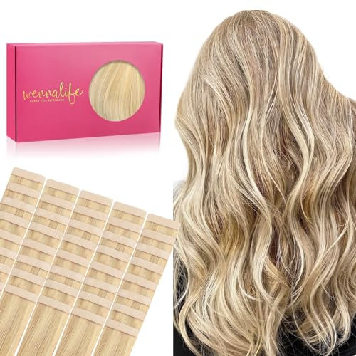 WENNALIFE Tape Extensions Echthaar, 40pcs 100g 55cm 22 Zoll Hellblond Highlights Goldblond Haarverlängerung Echthaar Extensions Tape Invisible Tape in Extensions Echthaar Seidig Hair Extensions