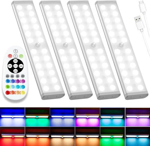 Haigvel Unterschrank-Lichter, kabellos, 58 LEDs, wiederaufladbar, Bewegungsmelder, Schrankleuchten mit Fernbedienung, RGB-Farbwechsel, Untertischleuchten für Küche, Speisekammer, Schlafzimmer,