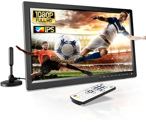 Desobry 15.6 Portable TV with Antenna, DVB/T2 Tuner, Rechargeable Battery, 1080P, Built-in Stand