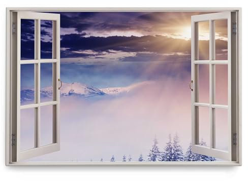 Paul Sinus Wandbild 120x80cm Fensterbild Sonnenstrahlen Licht Winterlandschaft Tannenbäume Berge