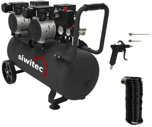 Compressore siwitec SK-1500 incl. Tubo dell'aria compressa da 10 m e pistola ad aria compressa con 2 prolunghe | Compressore da 1500 W, 50 L, max. 8 bar, 67 dB, | oil-free