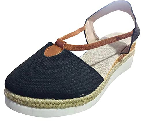 Femmes Paille Chanvre Corde Sandales, Rétro Toile de Lin Compensée Bout Rond Sandales Décontractées Célibataires Chaussures Elégant Bout Fermé Sandale Bohême Wedge Boucle Plateforme Vintage Sandales