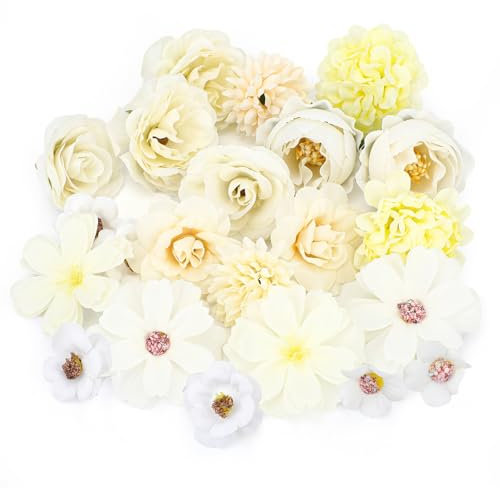 MWOOT 20 Pcs Artificial Flower Heads, Small Faux Flowers for Crafts, Fake Rose Peony Cherry Flowers Heads for DIY Wreath Cake Wedding Bouquet Party Home Garden Decoration (White Yellow)