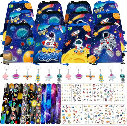 PQKL-party Spazio, regalo di compleanno per bambini, astronauta, con coulisse, sacchetto regalo, portachiavi, braccialetto a scatto, tatuaggi, regalo di compleanno per bambini