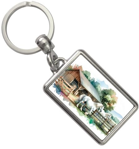 weiße Pferde auf der Koppel Schlüsselanhänger Hintergrund Stall-Boxen Reitsport Pferdestall ideal als Geschenk für Pferdeliebhaber
