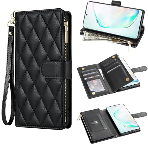 Asuwish Handyhülle für Samsung Galaxy Note 10 Hülle mit Band Kartenfach Klappbar Leder Geldbörse Ständer Note10 5G Reißverschluss Handyhüllen Wallet Cover Handy Hüllen Schutzhülle Phone Case Schwarz