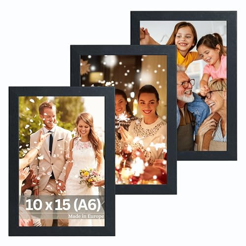 VictoR Bilderrahmen Dali 3er Set 10x15 cm (A6) schwarz | moderner Holzrahmen, Fotorahmen Holz A6 - Bilderrahmen Set schwarz 10x15 mit bruchsicherem Acrylglas