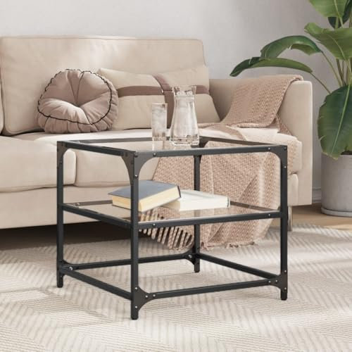 Baziroo Mesa de centro con tablero de cristal, 50 x 50 x 45 cm, pequeña zona de espera, mesa de teléfono, mesa auxiliar, mesa auxiliar, mesa de salón, materiales de madera y acero y cristal, cristal