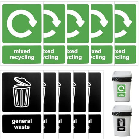 10 Pcs Recycling Bin Stickers Self Adhesive - 155 x 105 mm General Waste Stickers Waterproof Labels Removable Mixed Recycling and General Waste Signs for Outdoor, Kitchen and Office