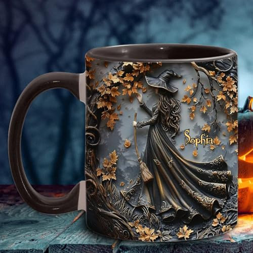 Taza de bruja personalizada, hermosa taza de café de Halloween, regalos espeluznantes para mujeres, niñas, familiares y amigos (3)