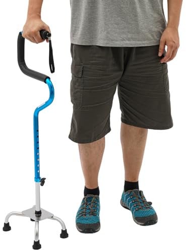 HuKaiL Vierfuß Spazierstock, Verstellbarer Gehstock Herren Damen mit 8 Höhen und 136 Kg Tragkraft, Gehstöcke mit 4-Zinken-Basis für 1.5-1.85m Menschen mit Eingeschränkter Mobilität, 26 * 18 cm, Blau