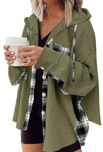 YNIQUE Damen Hemdjacke Shacket Waffelstrick Kapuze Kariert Langarm Knöpfen | Karierte Damen Hemdjacke mit Kapuze, Waffelstrick, Knopfleiste und Langarm, lässiges Oversize Shacket für Herbst und Winter
