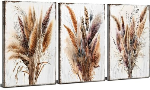 3 Piece Flower Wall Art Boho Decor Vintage Dried Plant Pictures Bathroom Wall Decor Retro Floral Canvas Paintings Prints Art for Walls, Minimalist Bouquet Artwork for Living Room Decoration 12x16