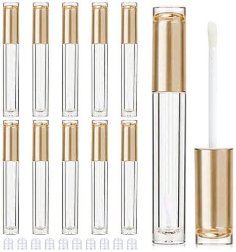 Lippenstifthülsen Leer, 10 Stück 4ml Transparente Lippenstift Tubes Lippenbalsam Behälter, Wiederverwendbar Leer Lippenpflegestift Nachfüllbar mit Stift für DIY Kosmetik, Lipgloss(golden)