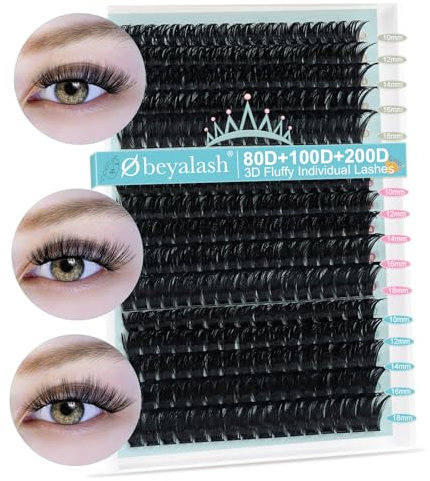 Extension Cils 80D+100D+200D 3D Fluffy Cils Individuels D Curl Faux Cils Individuel 215PCS Bouquet Cils Extension Lash Clusters 10-18mm DIY Eyelash Extensions by Obeyalash