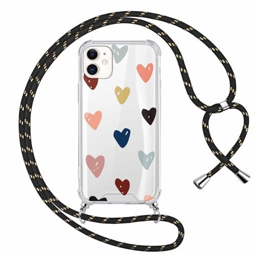 Saqmkil Funda con Cuerda para iPhone 11 6,1, Aesthetic Dibujos Corazòn Carcasa Transparente TPU Case con Correa Colgante Ajustable Cordon Collar Cuello, Silicona + PC Antichoque Protección Cover