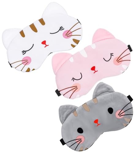 Wanmu 3 Stück Schlafmaske für Kinder, Niedliche Tier-Schlafaugenmaske, Plüsch-Gesichtsmaske, Reise-Schlafaugenmaske, Schlafhilfe, verstellbare Augenmaske, dehnbar (Weiß, Pink, Grau)