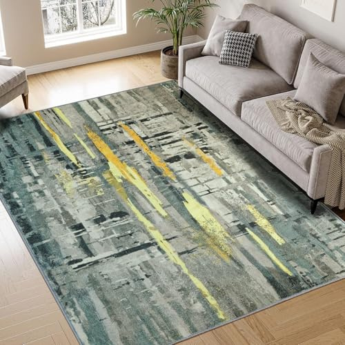 Tapis Design Tappeto astratto per soggiorno, 160 x 230 cm, lavabile in lavatrice, antiscivolo, morbido a pelo corto, non perde pelo, per camera da letto, cucina, ufficio, verde, grigio e giallo