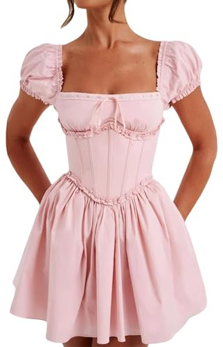 vewoza Women Off Shoulder Puff Sleeve Dress Casual Solid Color Backless Corset Party A-Line Dress for Beach Summer Streetwear (A-pink, S)