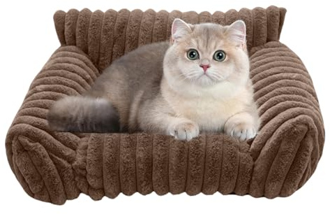 Jvjggag Cat Sofa Bed, Soft Pet Couch, Chew-Proof Plush Cushion with 3-Sided Raised Edge Support, Machine Washable, Cozy Warmth Anti-Slip Padding for Dogs & Cats, Home Travel Outdoor Use, Coffee
