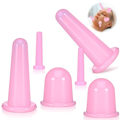 Oruola Lot de 4 ventouses pour le visage – Ensemble de ventouses pour massage du visage – Outil de massage en silicone anti-cellulite pour le traitement de la cellulite et les soins du visage, rose