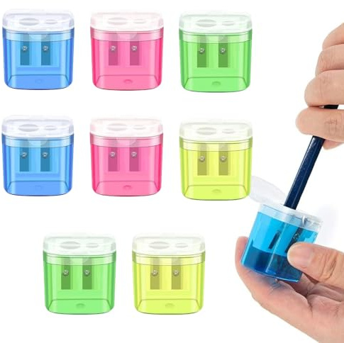 Anspitzer mit Behälter 8 Stück 4 Farben, Anspitzer mit Doppellöchern und Deckel, Bunter Doppelloch-Bleistiftspitzer und Manueller Pencil Sharpener, Oval Spitzer für Schule Büro